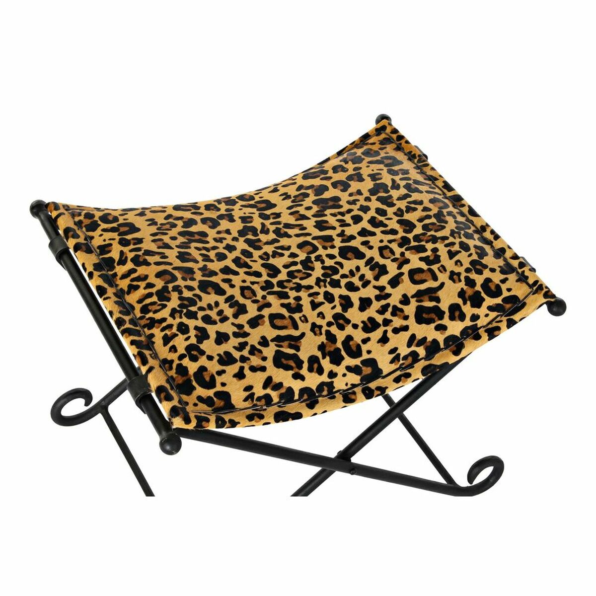 Footrest DKD Home Decor Black Metal Brown Leather Leopard (55 x 45 x 41 cm)