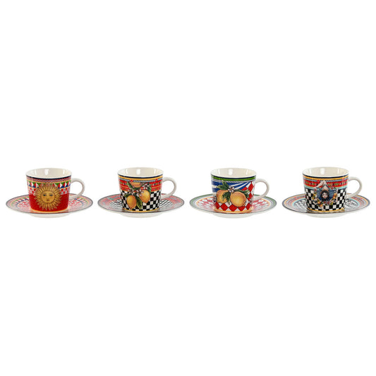 Set of Mugs with Saucers Home ESPRIT Yellow Red Porcelain 12,5 x 12,5 x 1,5 cm (4 Units) Home ESPRIT